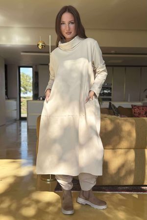 Scuba Stretch Funnel Neck Cocoon Dress Ecru /11=